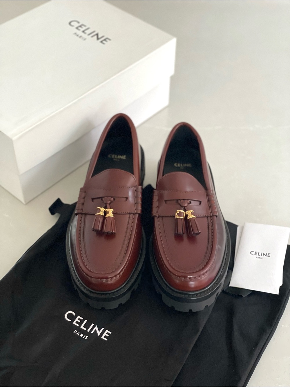 CELINE Triomphe NWT Burgundy Tassel Chunky Sole Leather Loafers 36 US 6